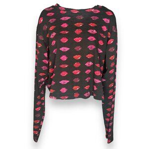 Pam & Gela Lipstick Kiss Print Cropped Black Shirt top Red Pink Lips